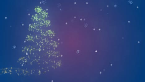 Animation-of-christmas-tree-and-shooting-star-with-snow-falling-on-purple-background