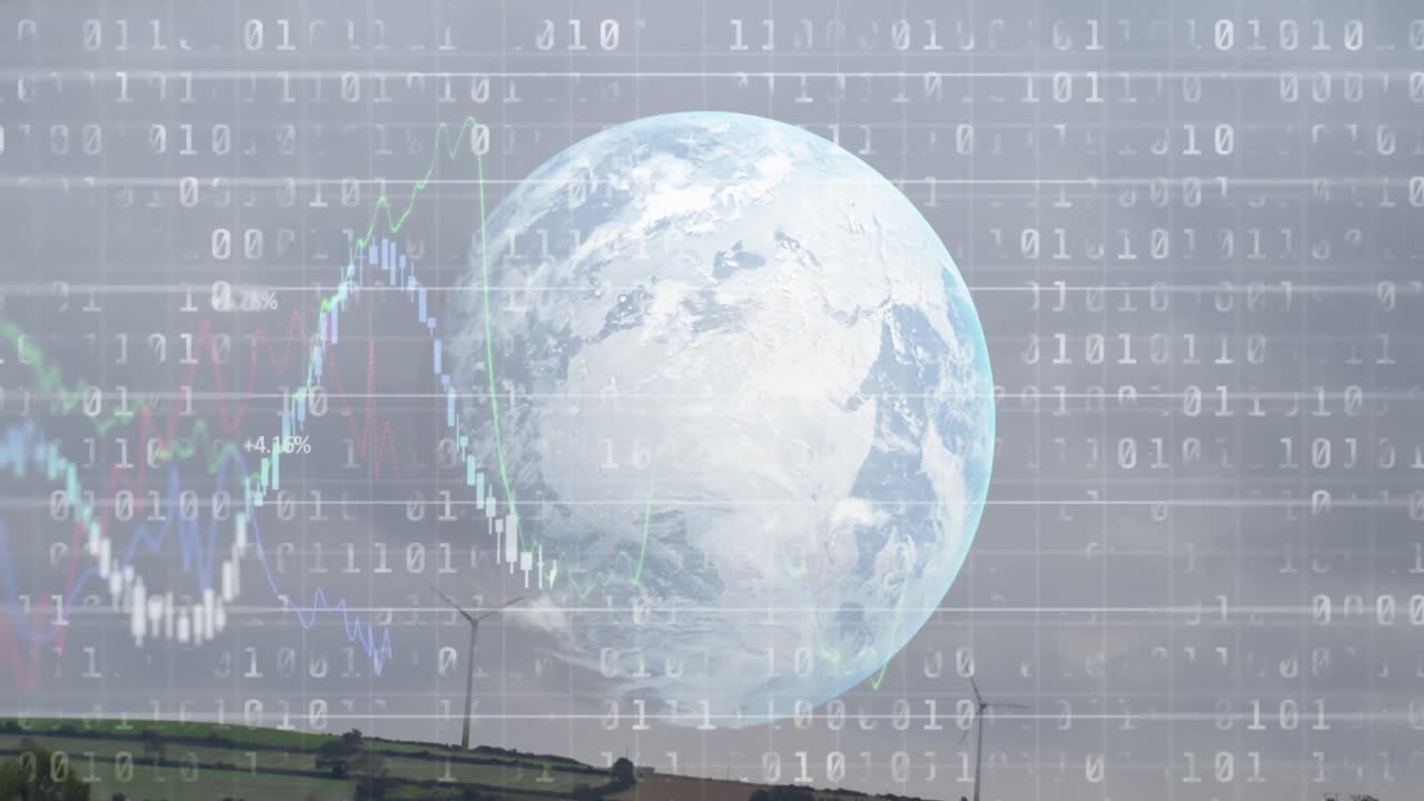 지구와 풍경에 대한 바이너리 코딩 데이터 처리의 애니메이션