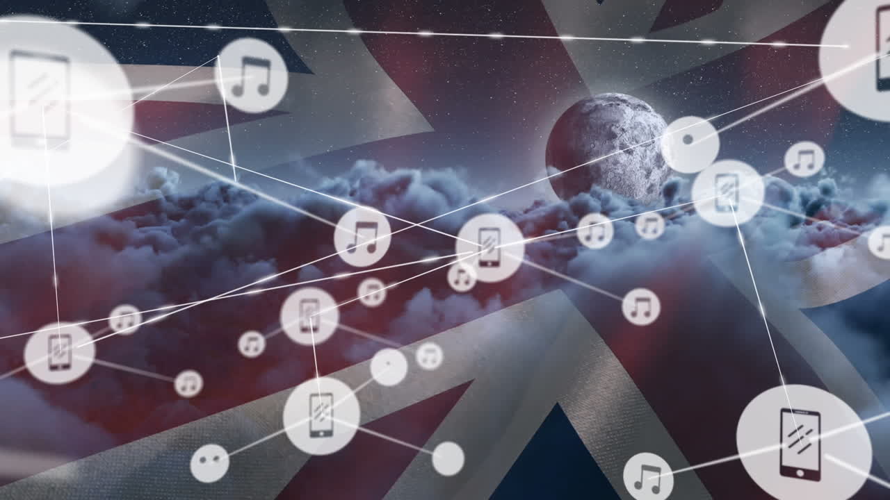 영국  ⁇ 발과 구름진 하늘 위의 연결 네트워크와 아이콘의 애니메이션