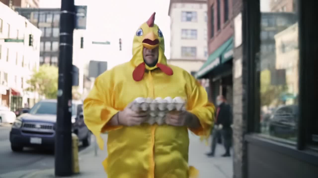 A Colorful Character in a Chicken Costume Delivers Eggs with Humor and Charm on a Busy City Street, Bringing Smiles to Passersby and a Touch of Whimsy to Everyday Life
