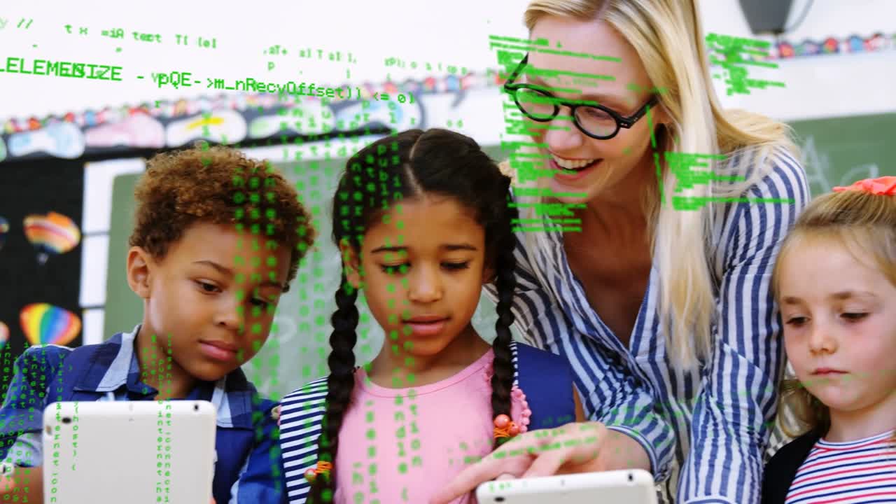 Teacher coming right pointing tablet urging students viewing white tablets under green code class