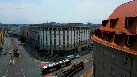 4k aerial drone video of hotels in downtown nurnberg, germany