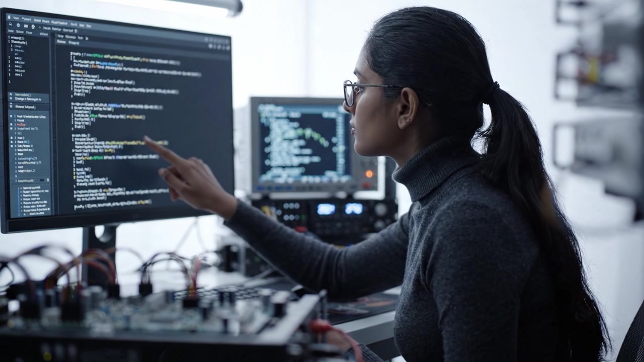 Focused Programmer Analyzing Code on Multiple Screens in a High-Tech Environment – A Glimpse into the World of Software Development and Debugging Techniques