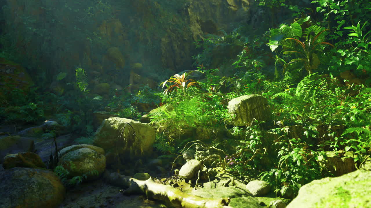 Lush tropical landscape filled with greenery and rocks in a serene environment