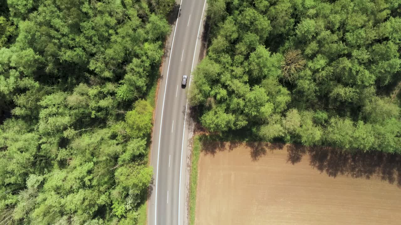 vista aérea de arriba hacia abajo de la carretera rural y la conducción de automóviles entre el campo agrícola y el bosque en un día soleado de verano