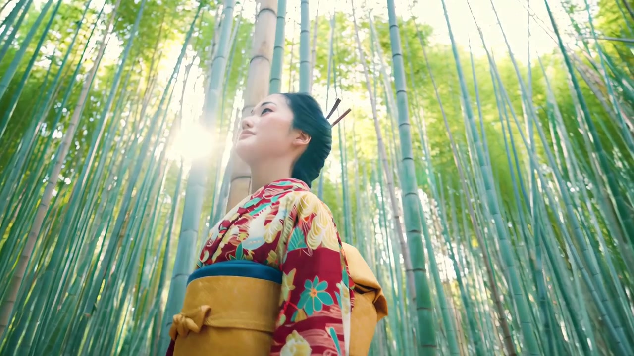 Giovane donna giapponese in kimono che guarda in alto in una foresta di bambù