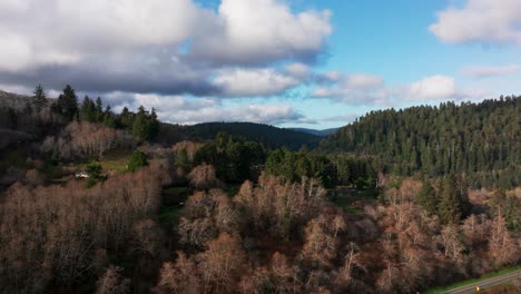 Disparo-De-Un-Dron-Volando-Hacia-Arriba-Y-Sobre-Una-Colina-Que-Revela-Montañas-De-Bosque-De-Secuoyas