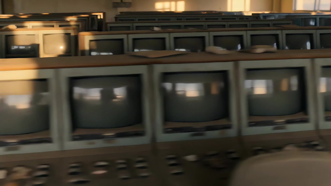 Sweeping camera revealing vintage control consoles in control room, documenting dusty CRT monitors