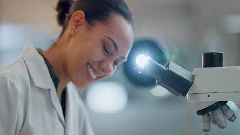 Science,-results-and-happy-woman-with-microscope