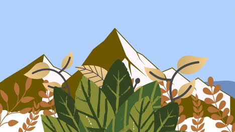 animation of green and yellow leaves and plants moving over mountains on blue background