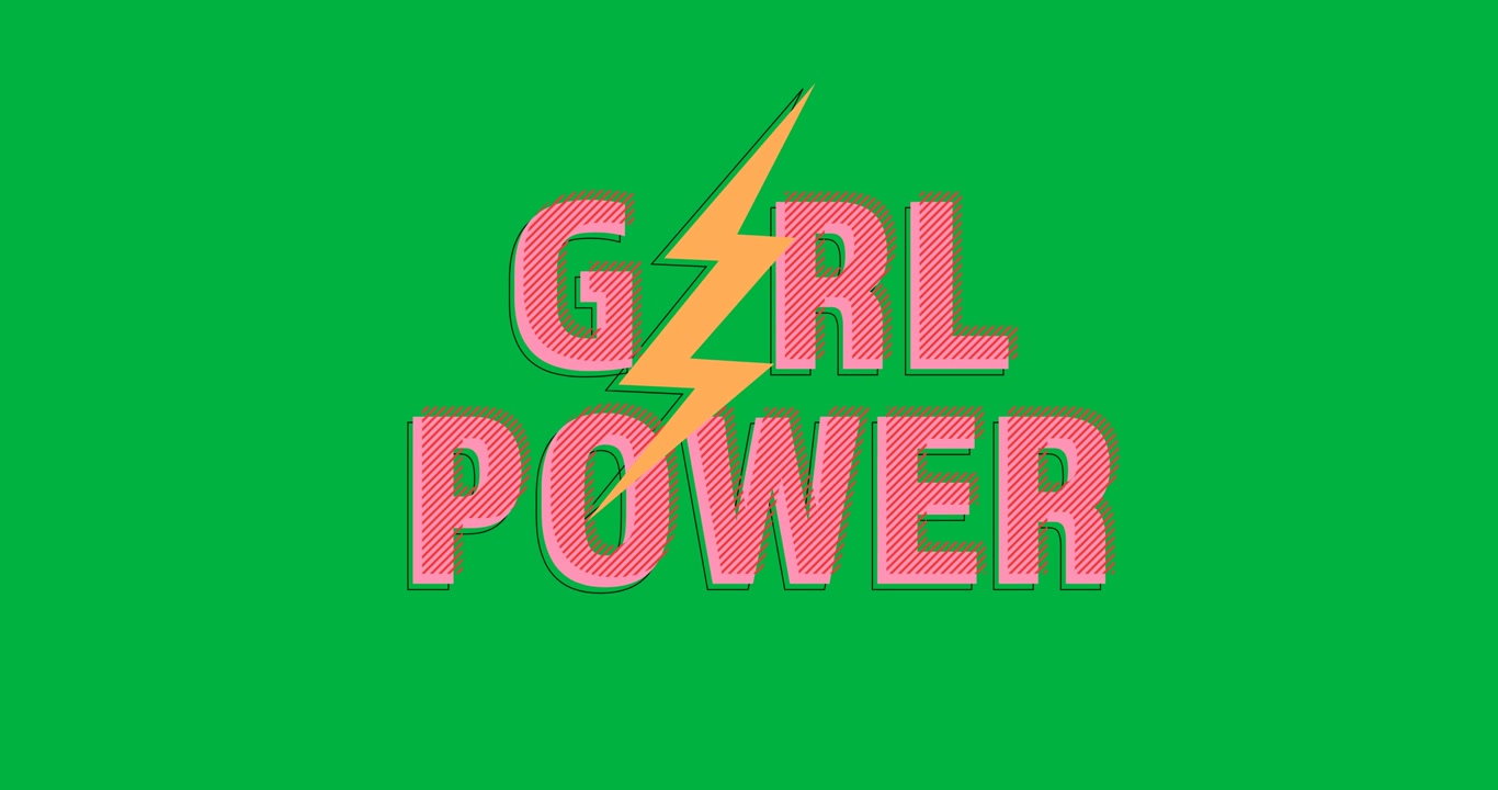 Animazione digitale di un'icona a forma di fulmine giallo su un banner con la scritta "girl power" su sfondo nero