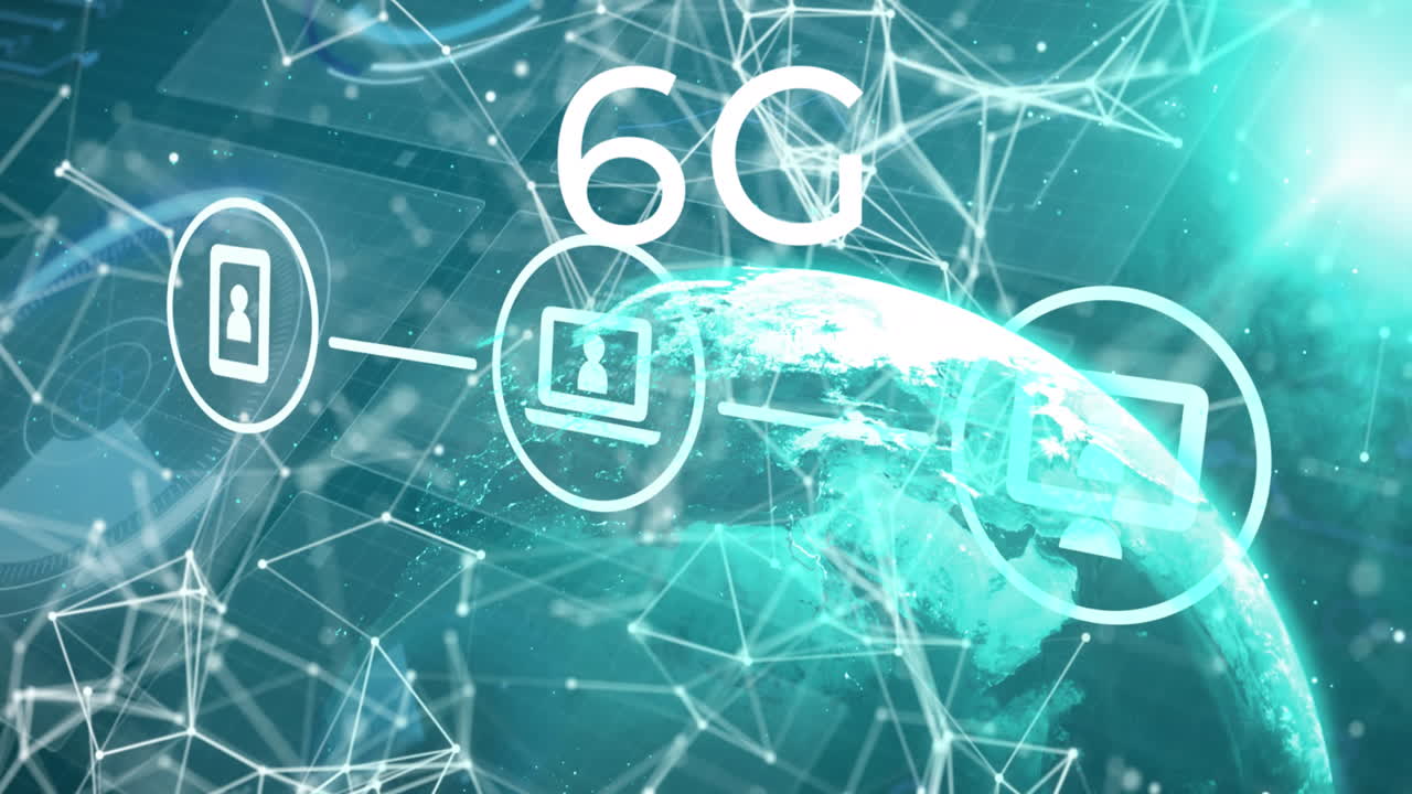 animación del procesamiento de datos financieros y texto 6g en todo el mundo
