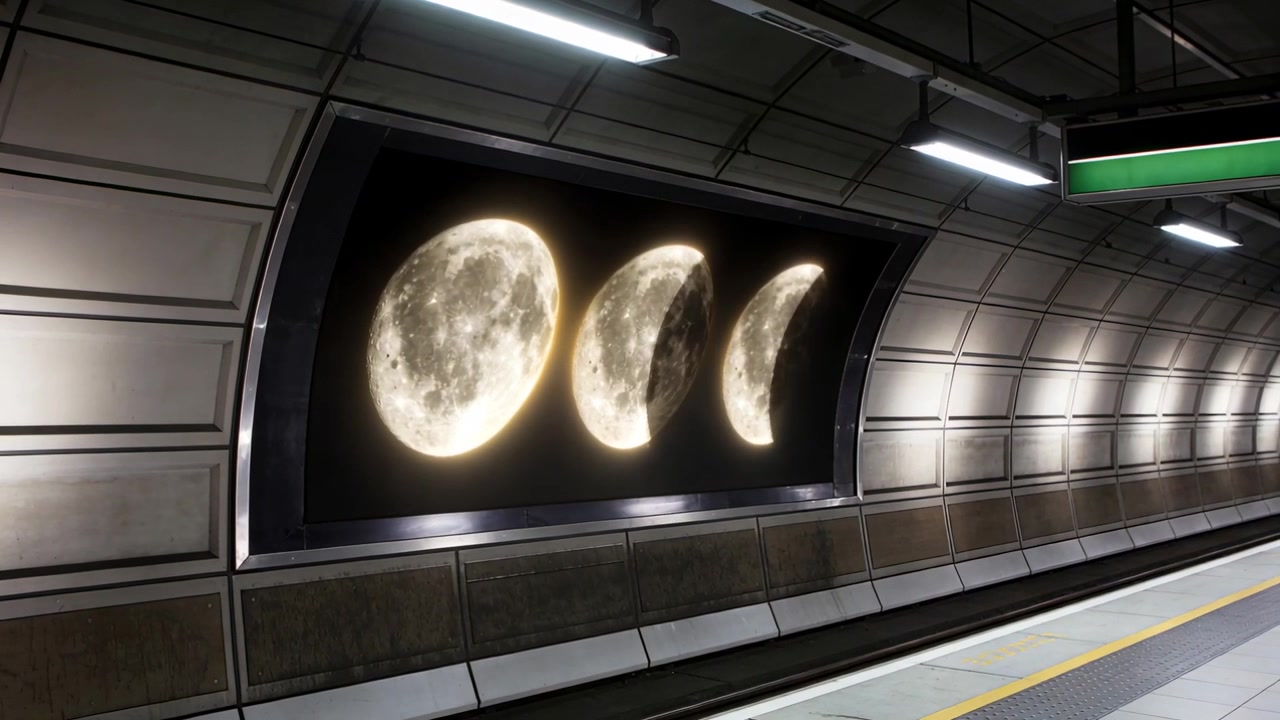Annuncio LED in loop che anima tre lune che si spostano a destra trasformandosi in falci in stazione, mostrando le fasi.