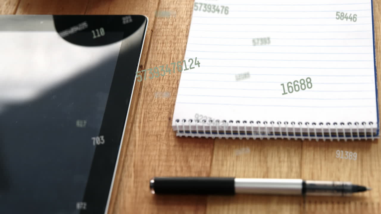 Animation of data processing with numbers over notebook and electronic devices