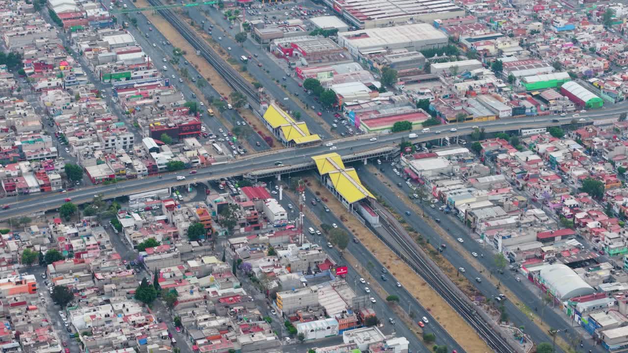 Telephoto drone view of a metro station in Ecatepec, Mexico