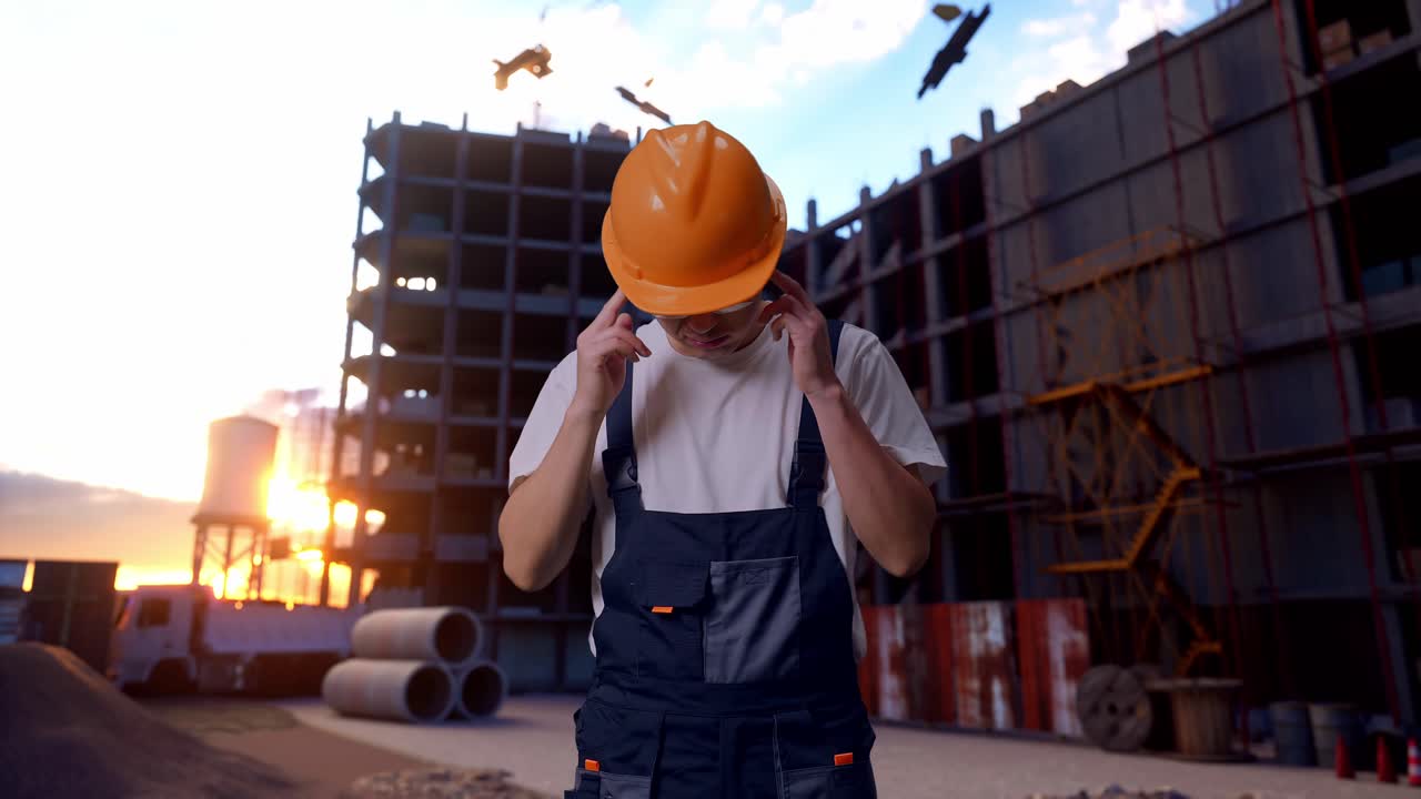 trabajador asiático con dolor de cabeza en el sitio de construcción