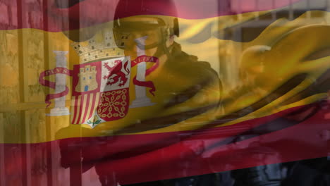 animation of flag of spain over soldiers with weapons