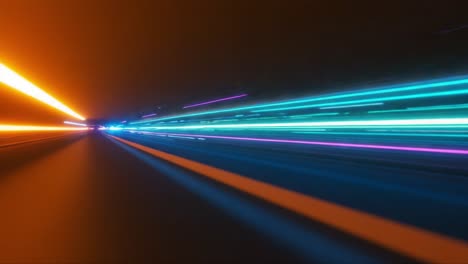 dynamic lights and colors create an abstract visual experience of speed on a dark road captured in two frames from a moving video perspective