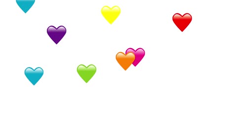 Animación-De-Corazones-Emoji-De-Todos-Los-Colores-Cayendo-Desde-Arriba,-Sobre-Un-Fondo-Blanco