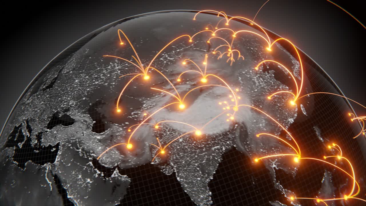 Tech earth globalization in 3d animation. Global Business dots on rotating planet.