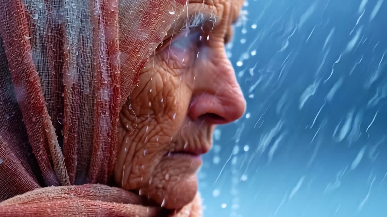 A Rainy Evening Reflection: The Resilient Spirit of an Elderly Woman Captured in Two Frames, Showcasing Emotion, Nature's Elements, and the Beauty of Life's Journey Through Adversity