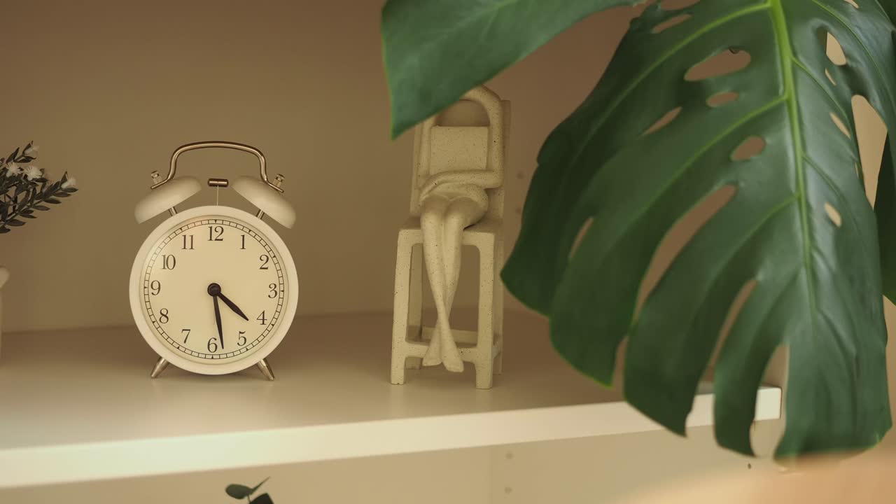 Shelf Decor with Alarm Clock, Flowers, Statue, and Monstera Leaf
