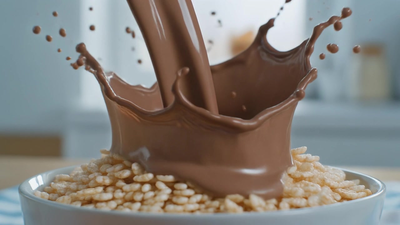 Latte al cioccolato che si versa in una ciotola di cereali di riso croccanti