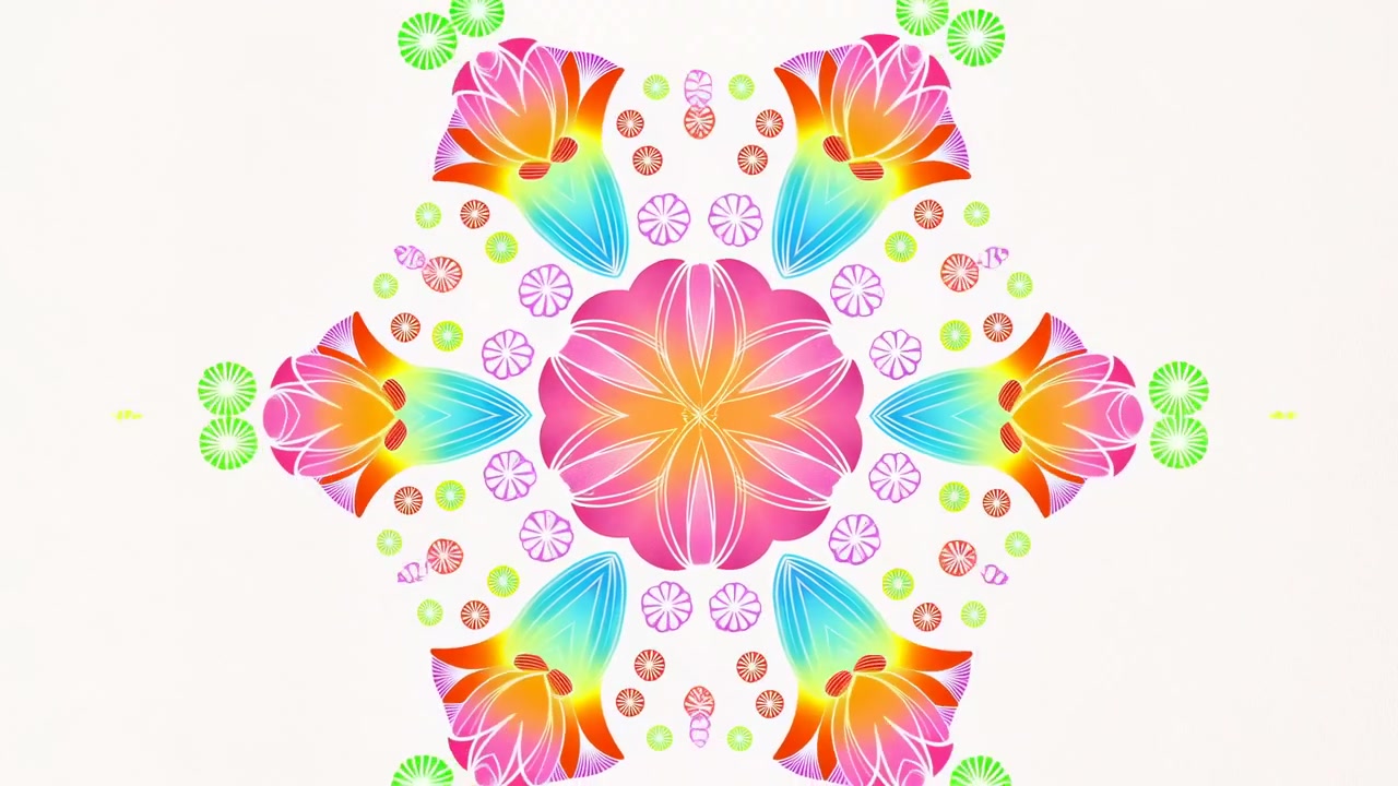 Elementi di design luminosi e multicolori ruotano e si trasformano su uno sfondo bianco, con forme stratificate simili a fiori, composizione radiale, movimento fluido e gradienti vividi visibili lungo tutta la sequenza