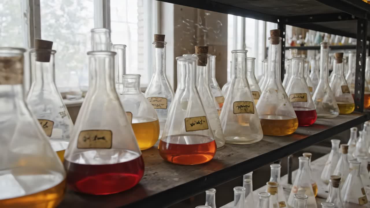 Gamle laboratoriehyller med kolber og fargerike væsker