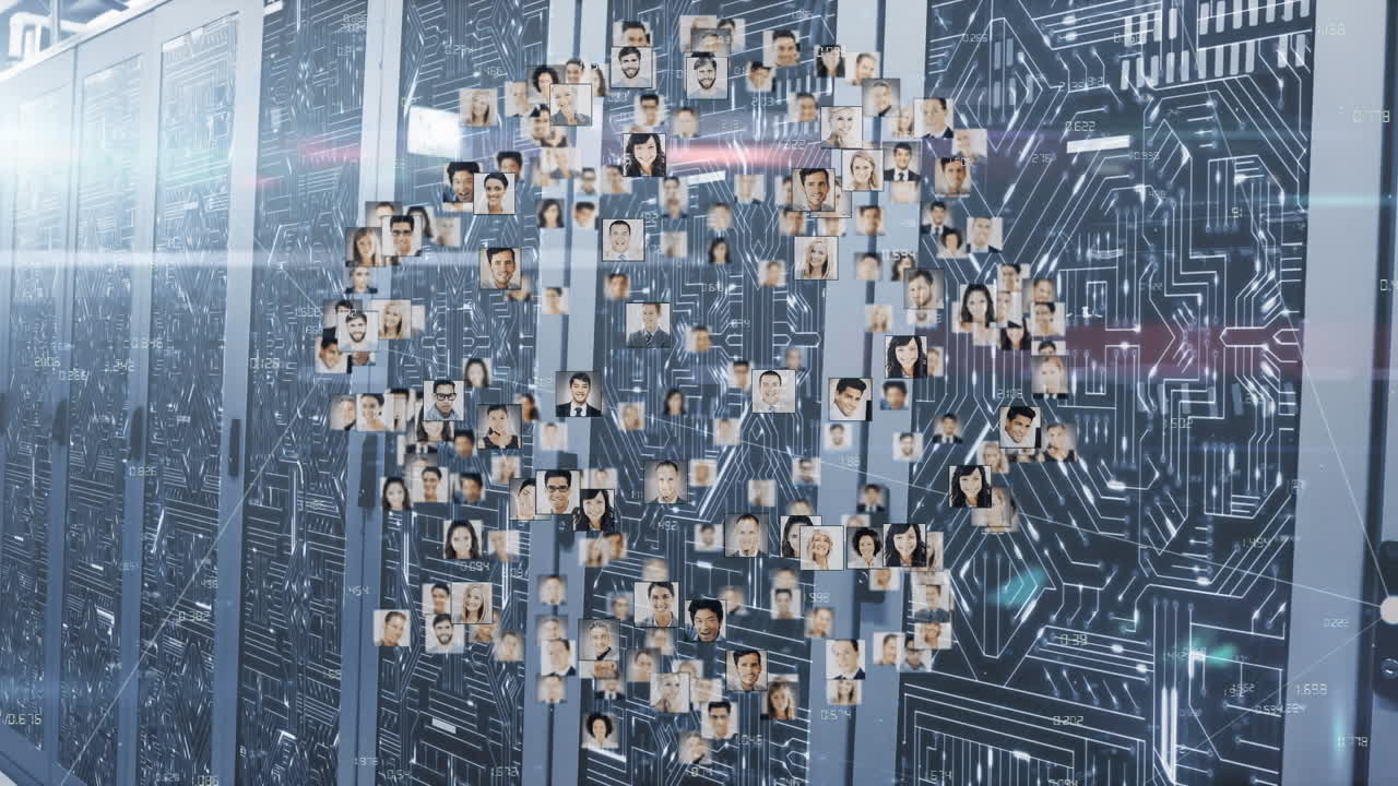 animación de iconos de personas y red de conexiones a través de la sala de servidores