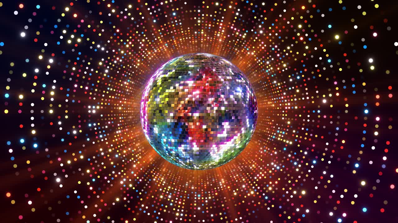 Palla da discoteca con raggi luminosi, festa notturna, bagliori e colori rotanti continui, animazione 3D di palla da discoteca.
