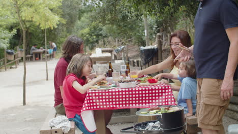 cámara lenta del hombre poniendo carne a la parrilla durante un picnic familiar en la naturaleza