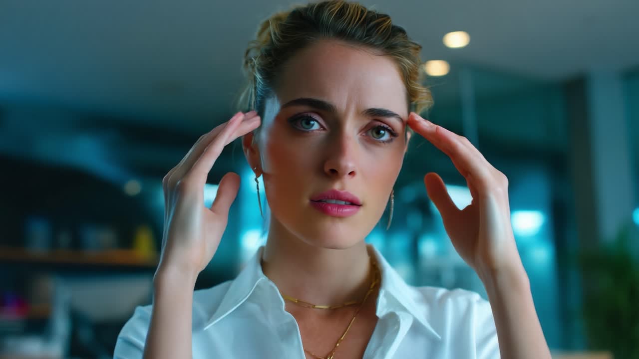 A young woman in an office setting, experiencing emotional turmoil as she grapples with stress and anxiety, reflecting the challenges of modern life and intense pressure at work during a pivotal moment