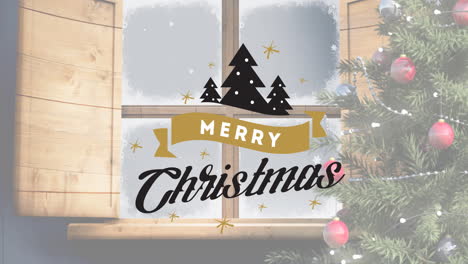 animation of merry christmas text over christmas tree and winter snowy window