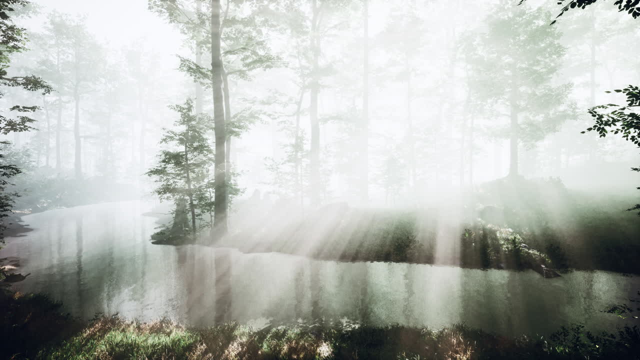 fpv 드론에 의해 나무를 통해 빛 광선을 가진 마법의 숲