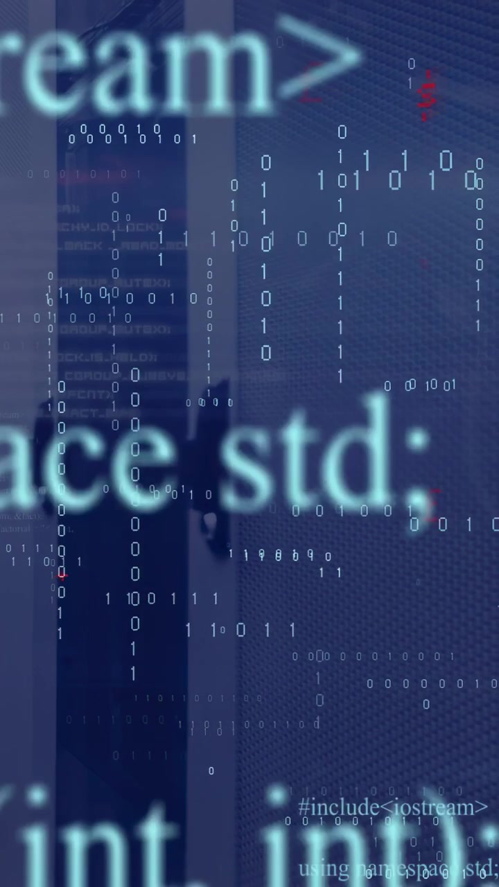 Vertical video: Door panel hosting binary starting, popping red glyphs, revealing code for security
