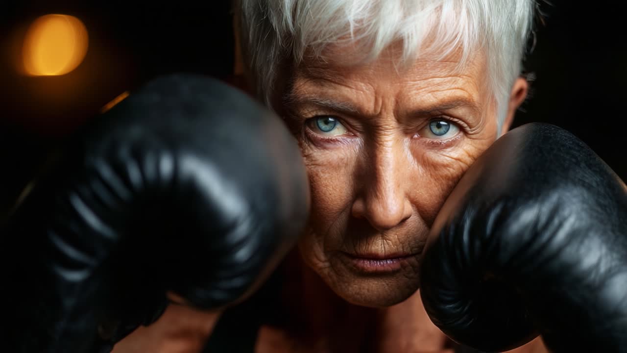 A determined elderly athlete prepares for a boxing match, showcasing fierce concentration and strength, with piercing blue eyes and powerful gloves highlighting dedication and resilience