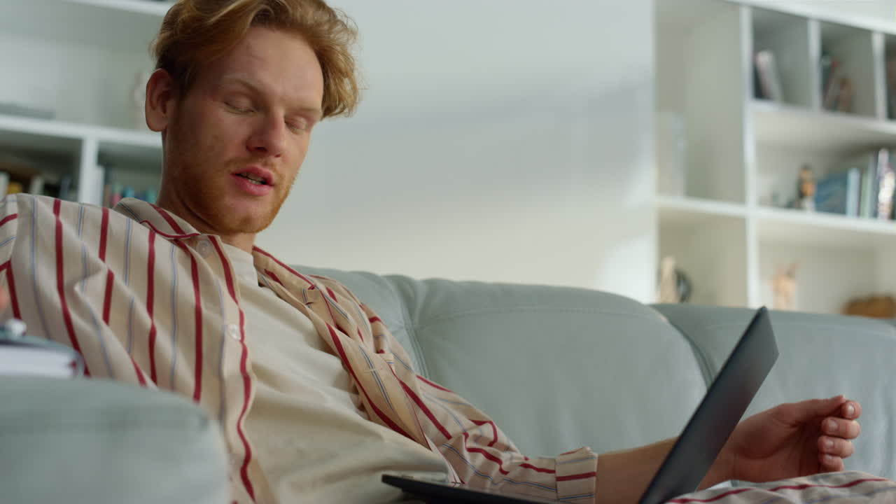 Startup manager talking home at virtual meeting closeup. Teacher schedule class