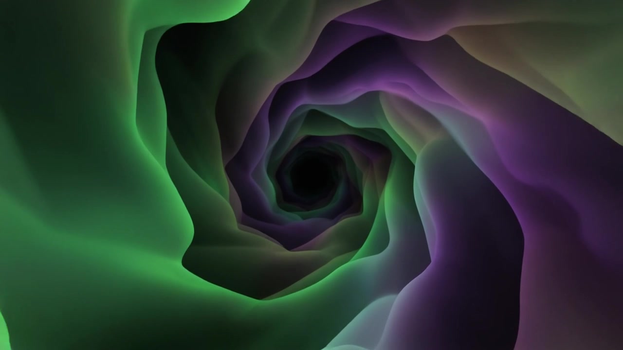 Tunnel Astratto con Forme Ondulate Verdi e Viola Luminose