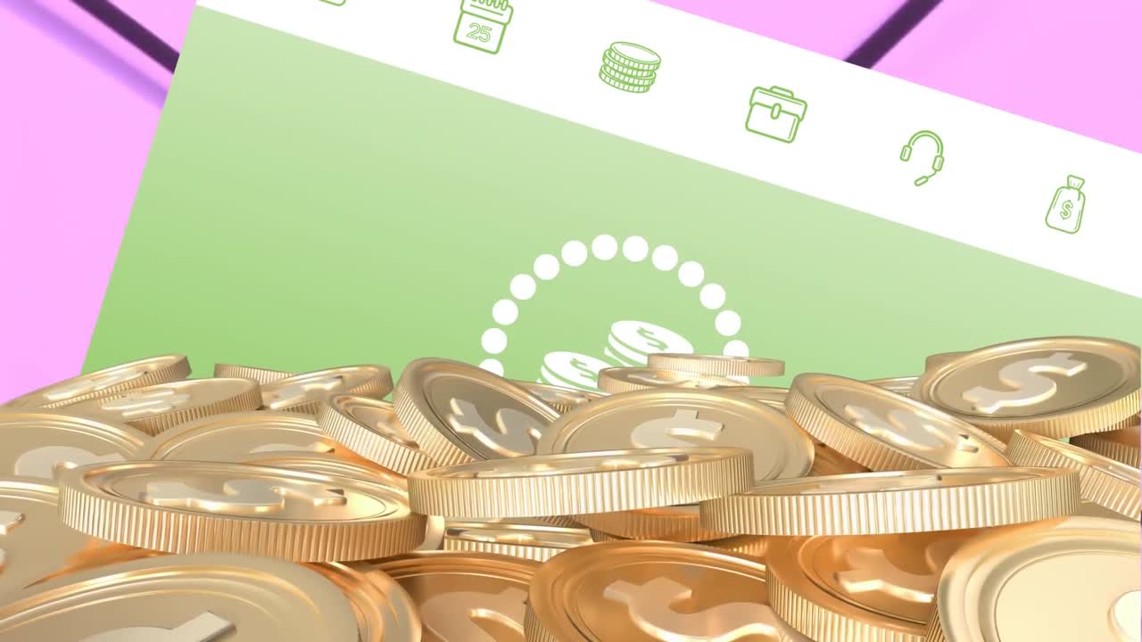 디지털 아이콘으로 화면 위에 금 달러 동전의 애니메이션