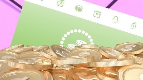 animación de monedas de dólar de oro sobre la pantalla con iconos digitales