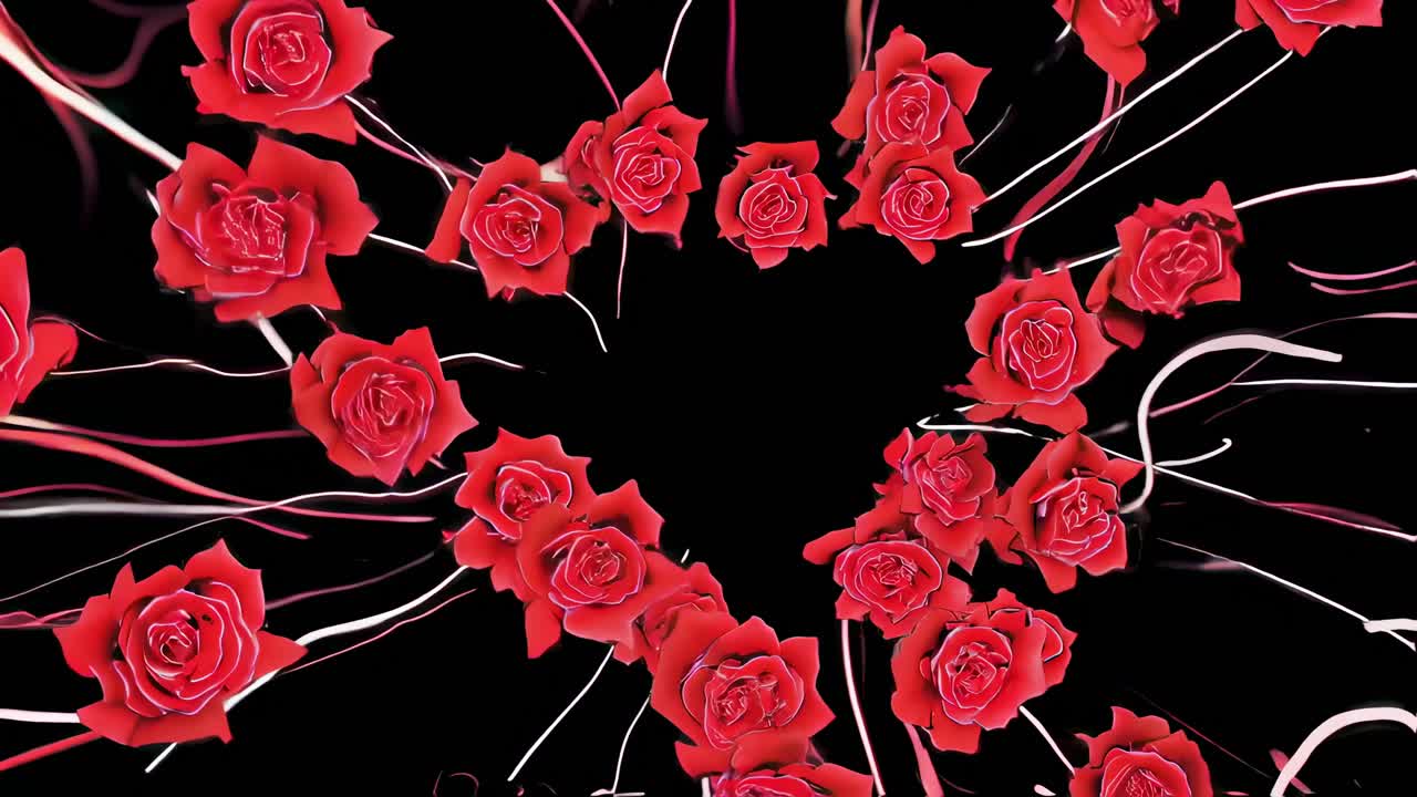 Dynamic red rose blossoms bursting with vibrant energy from center against dramatically dark background, creating mesmerizing floral animation with elegant movement and visual intensity