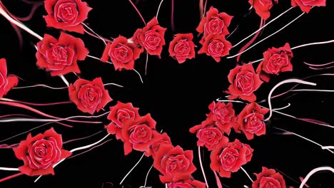 dynamic red rose blossoms bursting with vibrant energy from center against dramatically dark background, creating mesmerizing floral animation with elegant movement and visual intensity