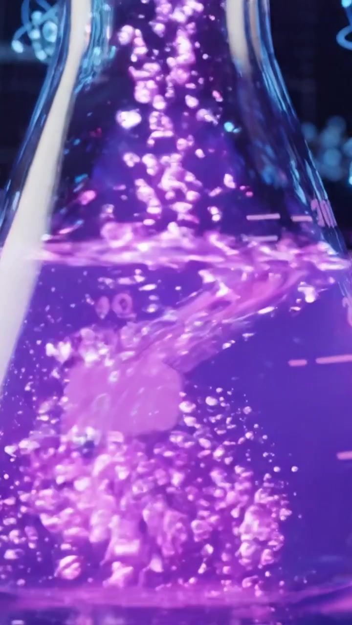Explorando Reações Químicas: Transição de Líquido Azul para Rosa em um Balão de Laboratório Demonstrando Interações Dinâmicas de Fluidos