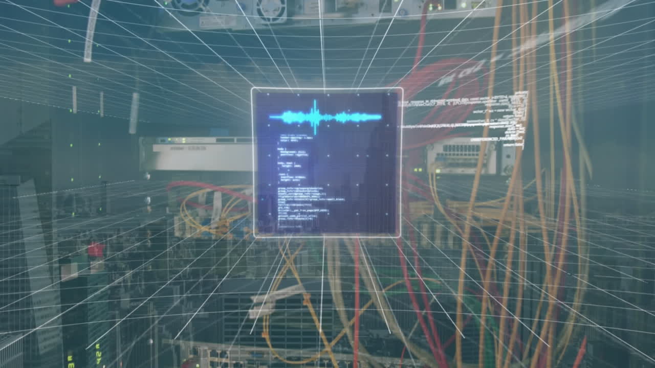 Animation of radar, graphs, soundwaves and computer language over back panel of serve rack
