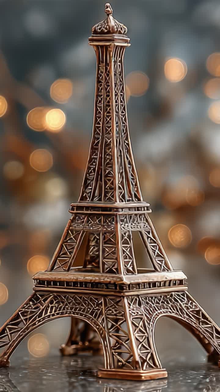 Un primo piano accattivante di una dettagliata statuetta in miniatura della Torre Eiffel che risplende con luci ambientali calde sullo sfondo, perfetta per esposizione e decorazione.