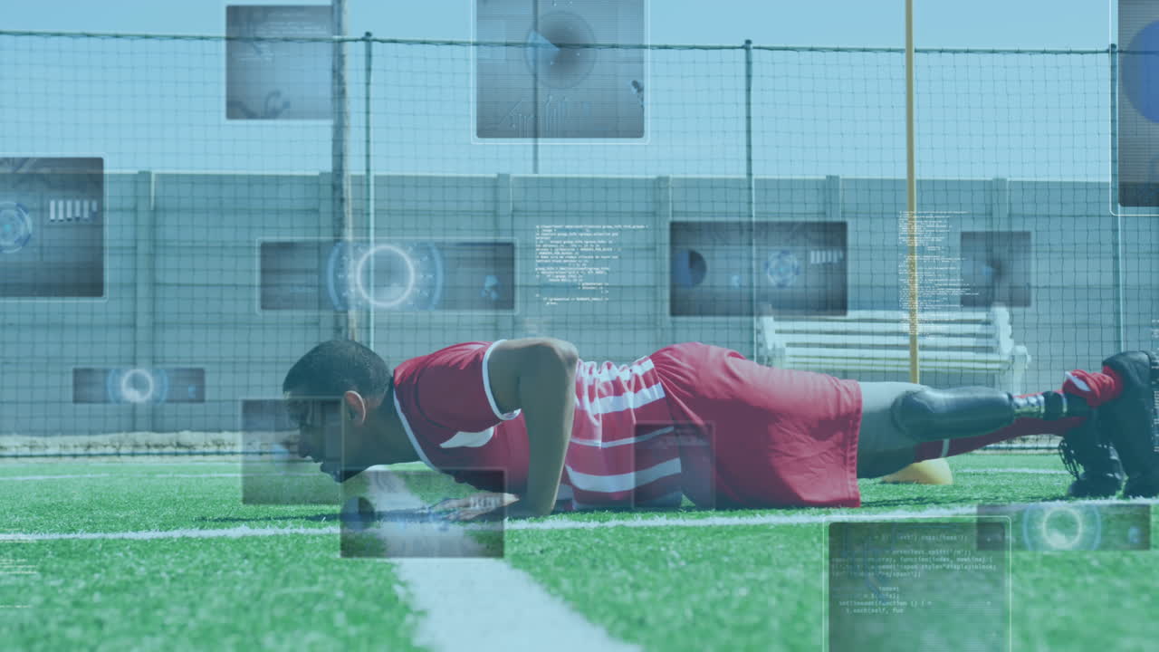 프로테시 다리를 가진 남성 축구 선수가 푸시 업을 하는 것에 대한 스 ⁇ 과 데이터 처리의 애니메이션