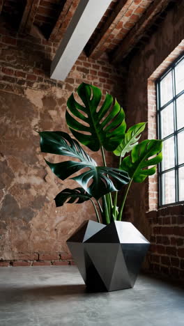 modern monstera plant in geometric pot - industrial loft interior