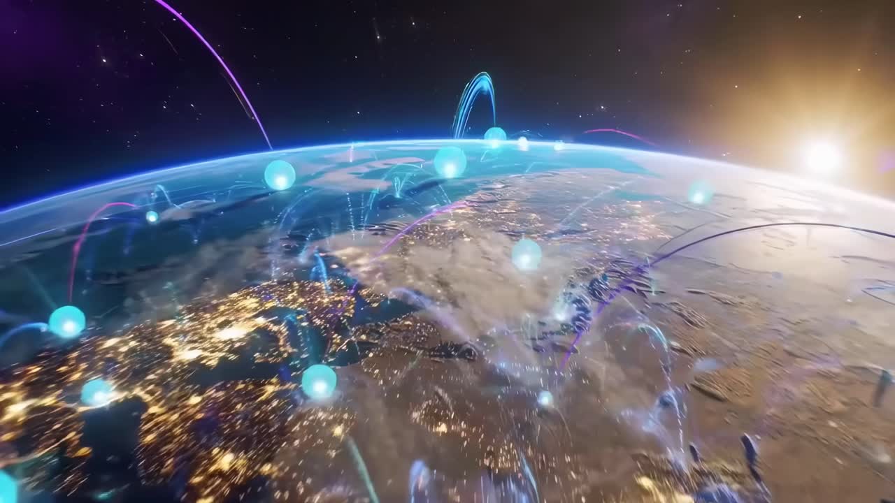 Futuristic Global Network with Digital Data Flowing Across Earth