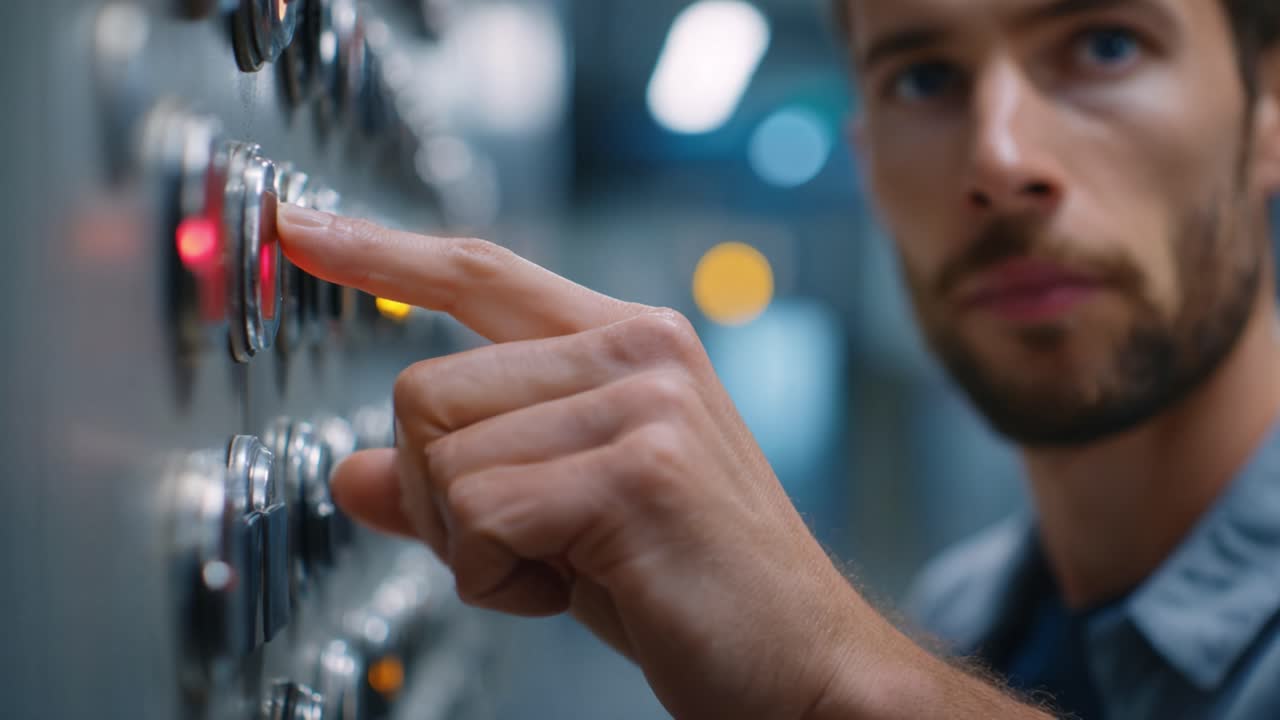 Close-Up of a Man's Hand Pressing an Elevator Button, Showcasing Focus and Intent in a Modern Interior with Blurred Background Elements